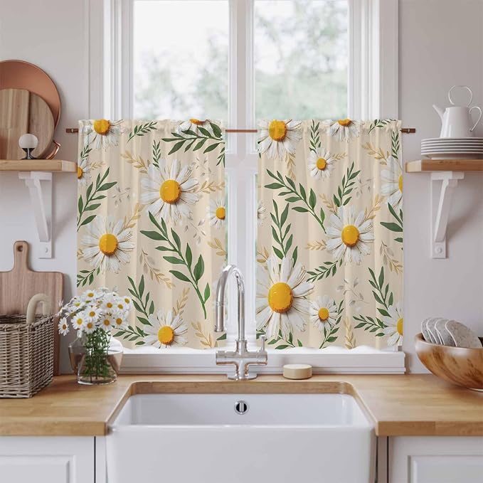 Spring Daisy Kitchen Curtains, Country Watercolor Flower Leaf Plant Light by Unknown