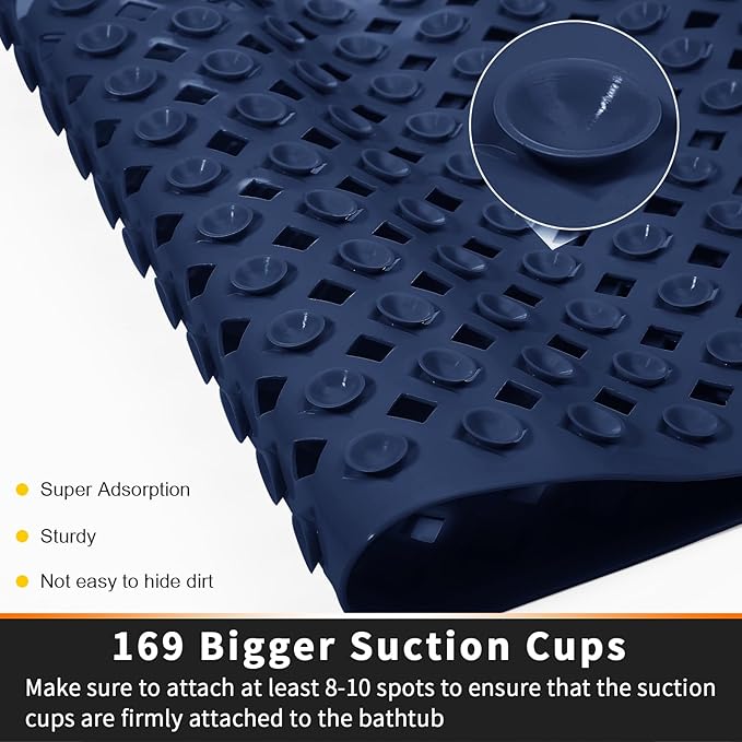Yimobra Square Shower Mat Non Slip, Super Strong Suction Cups, 21"x21" Bath Tub Mat with Drain Holes, Machine Washable Fast Draining Bath Mats, Bathroom Essentials,Navy Blue