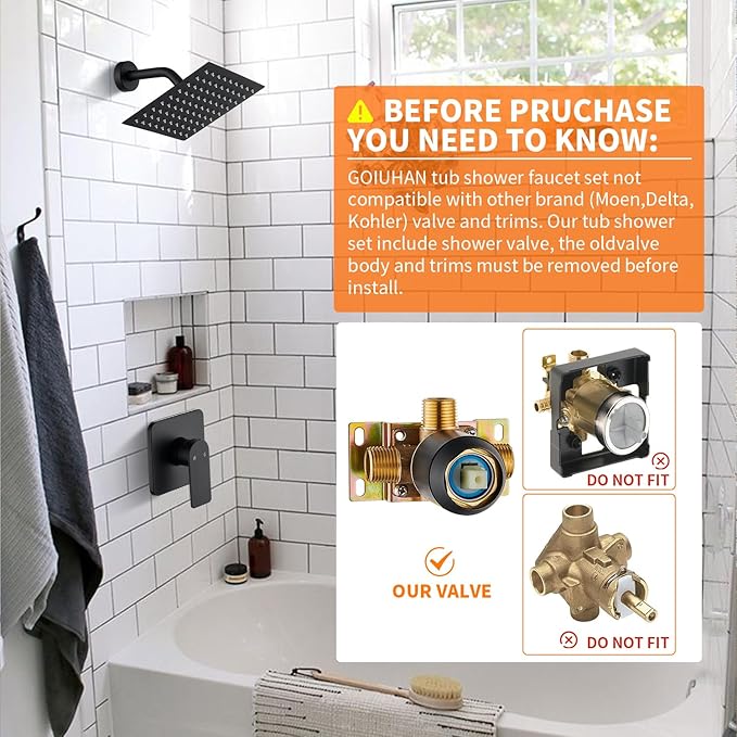 Black Shower Faucet Single Function Trim Kit with Rough-in Valve Set Bath Rainfall Shower System 8inch Square Stainless Steel Metal Shower Head