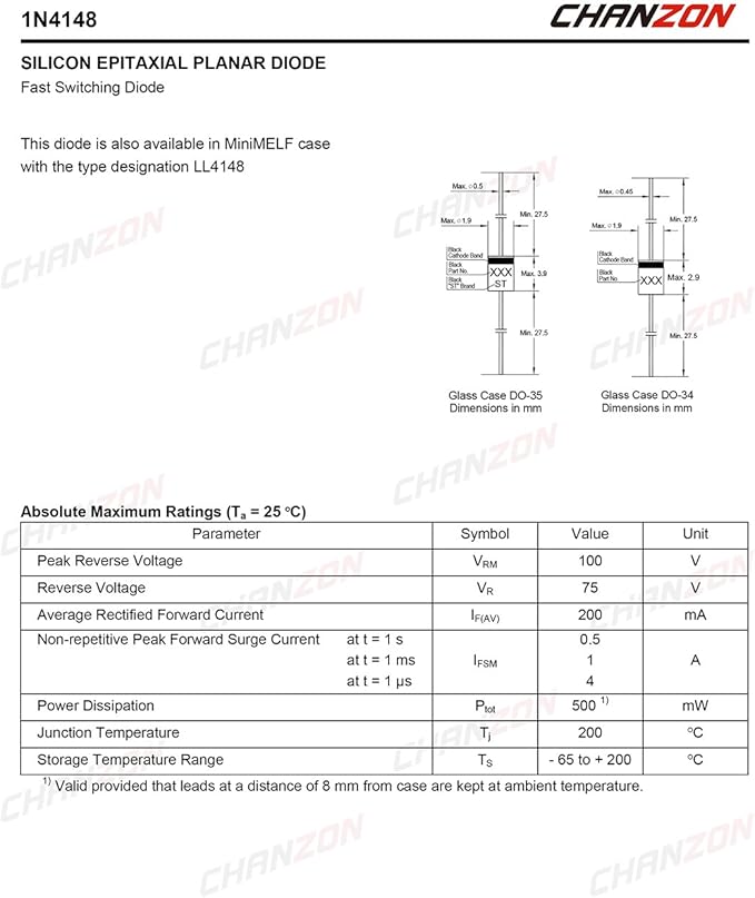 Chanzon 1N4148 Small Signal Fast Switching Diodes High-Speed Axial 200mA 100V - Image 2