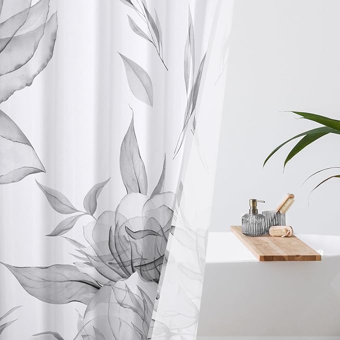 Extra Long Boho Watercolor Floral Shower Curtain 72 x 84, Grey Ink Painting Style Flower Shower Curtains for Chic Elegant Bathroom, Artistic XL Fabric Cloth Shower Curtain