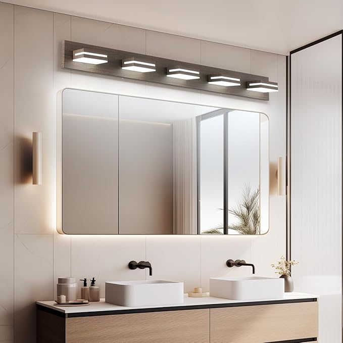SineRise LED Modern Bathroom Vanity Light Fixtures (5-Light, 40-Inch, Dimmable), Brown Wood Painted Modern Acrylic Bathroom Wall Lighting Fixtures Over Mirror (Cool White 6000K)