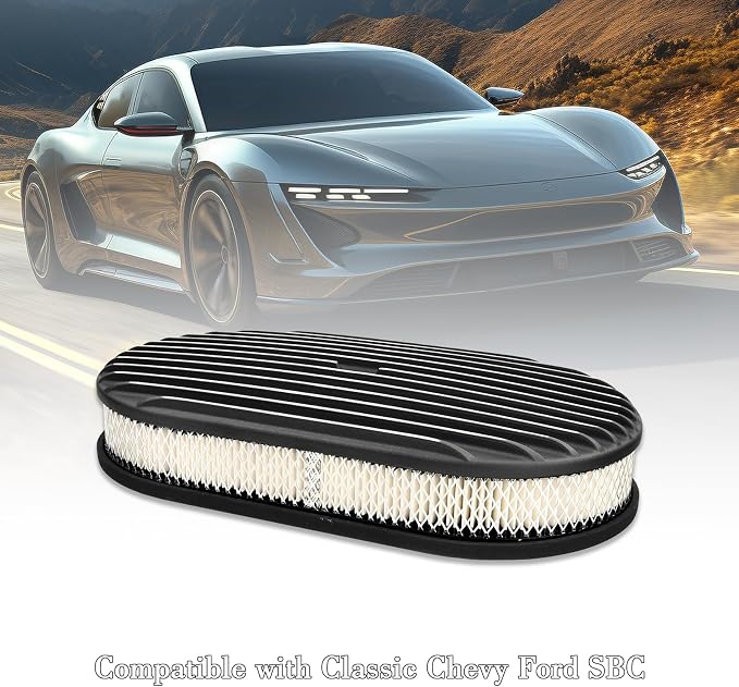 15" Black Aluminum Valve Covers Air Cleaner Kit Oval Full Polished Finned - Image 7