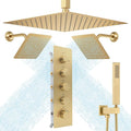 Thermostatic Shower System Three Shower Heads with 16" Ceiling Mounted Rain Shower Head & 2 x 6" Wall Mounted Head 4 Function Shower System Can All Run Together, Brushed Gold