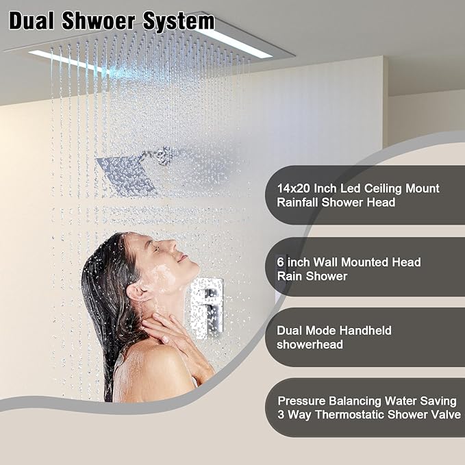Rain Shower Head System with 14x20 Inch Ceiling Mount LED Head & 6 Inch Wall Head and Handheld Shower 3 Way Pressure Balance Valve Kit,Brushed Nickel