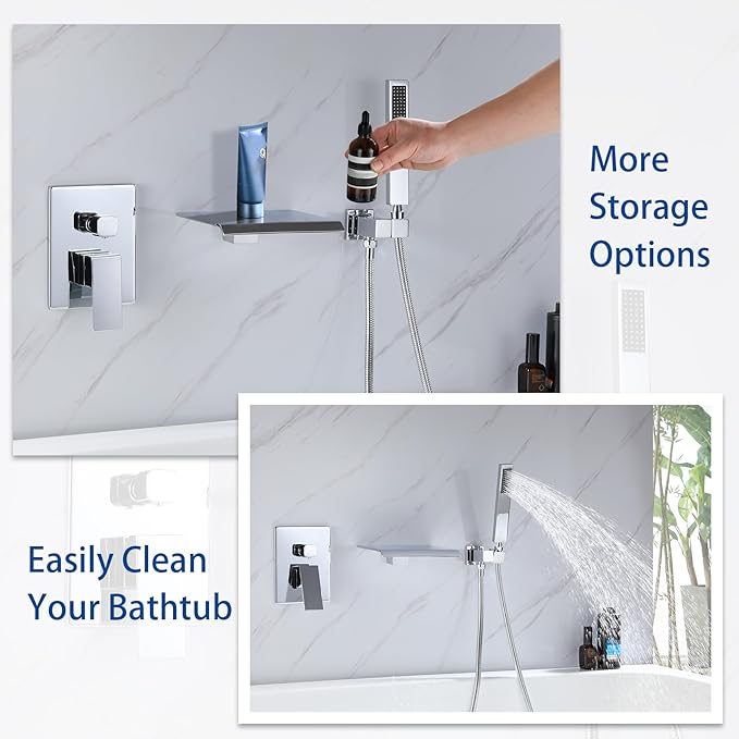 TapLong Wall Mount Bathtub Faucet with Waterfall Tub Spout Bath Tub Faucet Set with Handheld Shower Single Handle Tub Filler Shower Faucet Set with Rough-in Valve and Trim Kit, Polished Chrome, 91266