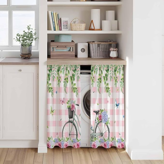 Spring Kitchen Curtains, Bicycles Leaves Butterfly Flowers Pink Buffalo Plaid - Image 7