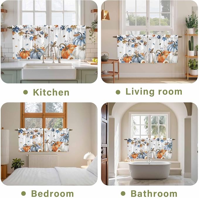 Navy Blue Pumpkin Fall Kitchen Tier Curtains 36 Inch Long 2 Panel Set, Rod - Image 8