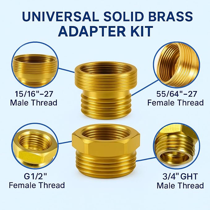 Shower Hose Adapter and Faucet Adapter Kit, Brass G1/2" Female, 55/64"-27 Female, and 15/16"-27 Male to 3/4" GHT Male Garden Hose Connector, with Washer and PTFE Tape
