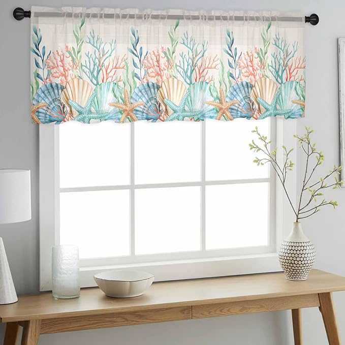 Summer Beach Sheer Valance Curtains, Ocean Colorful Coral Shell Seaweed - Image 3