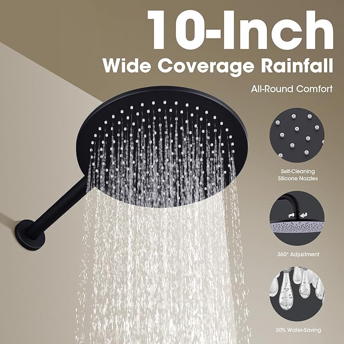 TRUSTMI Matte Black Shower System Wall Mounted Pressure Balance 10-Inch Rainfall Shower Set with Brass Rough-In Diverter Valve and Trim Kit