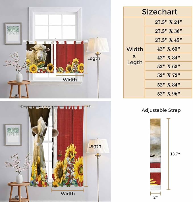 Sheep Flowers Kitchen Curtains 24 Inch Length, Small Window Curtains Tab Top - Image 8
