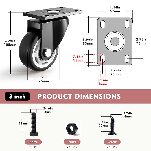 3 Inch Heavy Duty Caster Wheels, Industrial Casters Set of 4 Load 1200lbs - Image 2