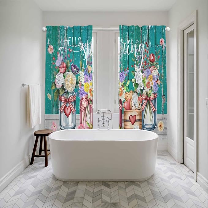 Spring Flowers Kitchen Curtains, Farmhouse Watercolor Teal Wood Grain Light - Image 5