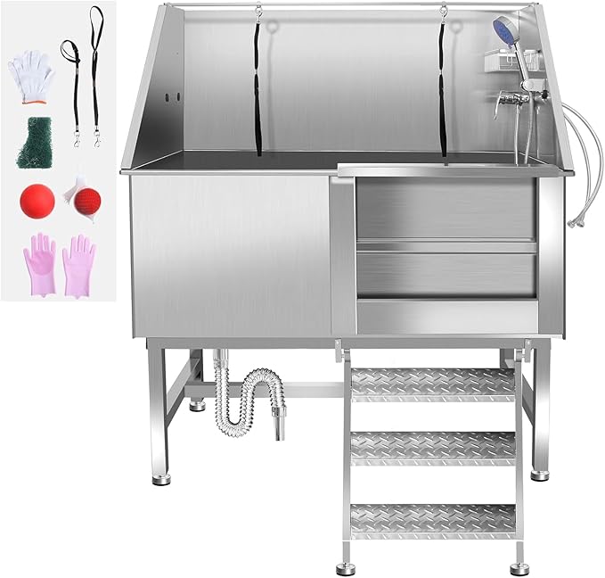 50" Stainless Steel Dog Washing Station, Pet Grooming Tub with Hot/Cold Faucet & Showerhead, Non-Slip Stairs for Small/Medium Dogs & Cats