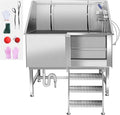 50 Inch Stainless Steel Dog Washing Station, Professional Grooming Tub with Stairs for Large Dogs, Home Bathtub for Pets with Hot & Cold Faucet