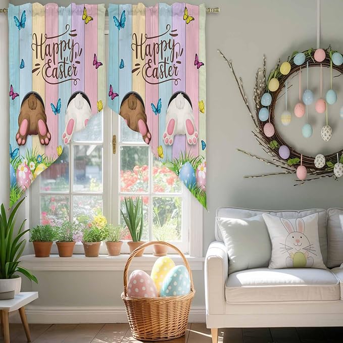Swag Curtain Valances for Kitchen Windows, Happy Easter Rabbit Butt Egg on - Image 6