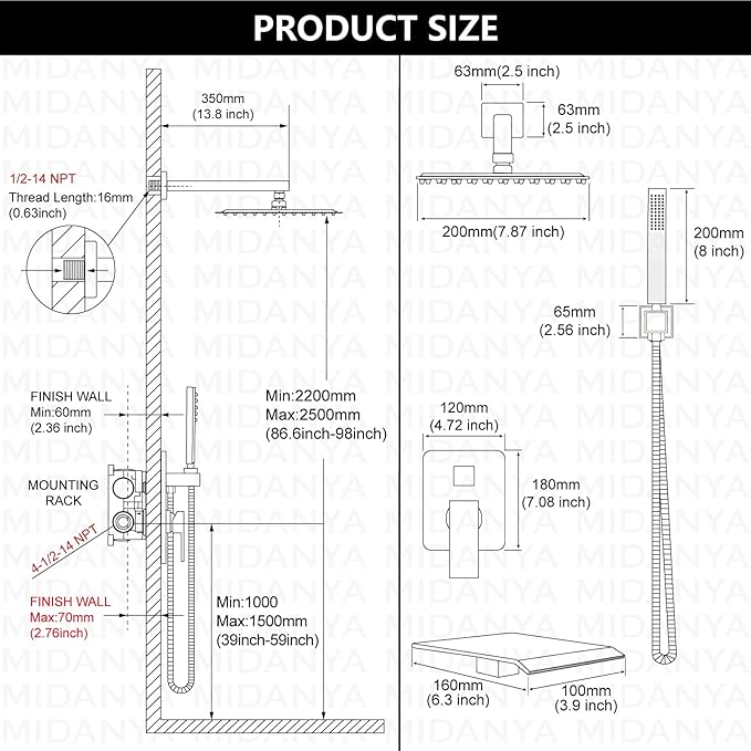 Midanya Rain Shower System with Tub Spout,Tub Shower Faucet Set with rainfall Shower Head and Handheld Spray,Wall Mount Tub Shower Combo Rough-in Valve Included,8 Inch Matte Black