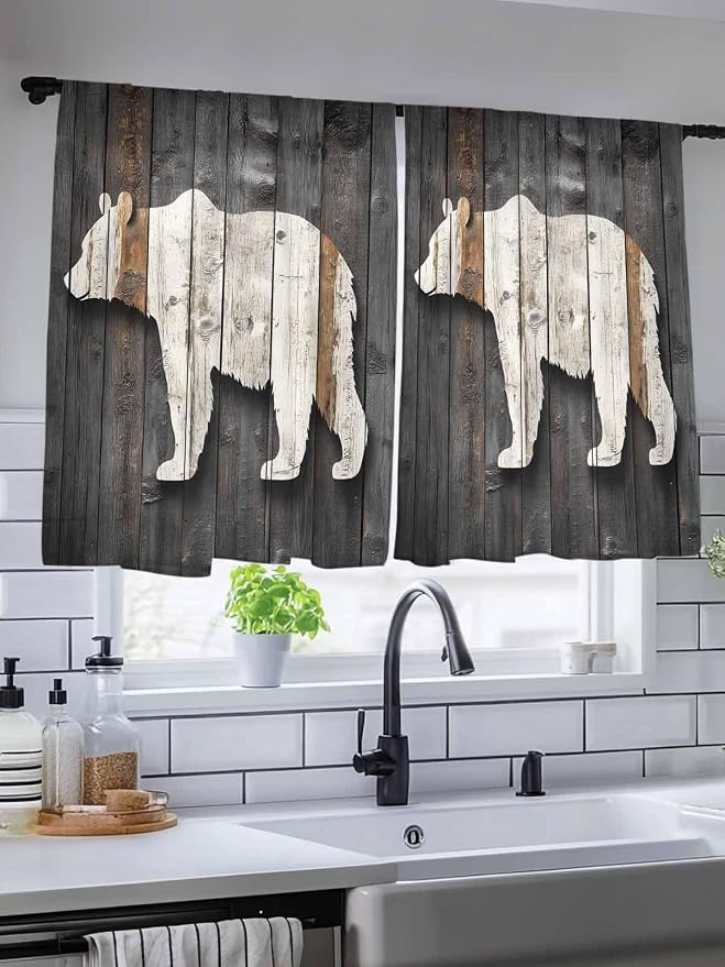 Sheer Curtains 45 Inch Length, Vintage White Brown Bear Semi Sheer Curtains - Image 5
