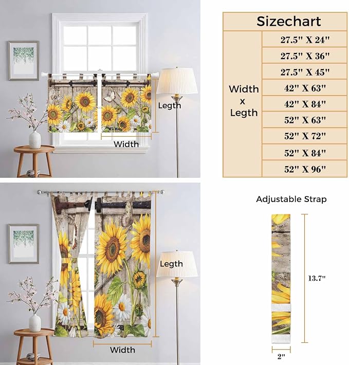 Farmhouse Sunflowers Kitchen Curtains 24 Inch Length, Small Window Curtains Tab - Image 8