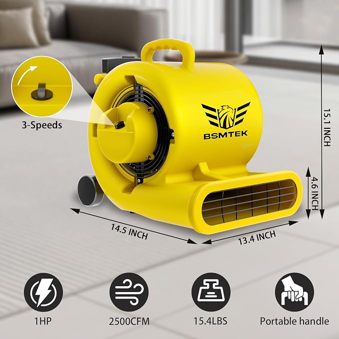 2500-5000 CFM 1HP Air Mover Blower Fan, Floor Blower Dryer, 3 Speeds, 4 - Image 2