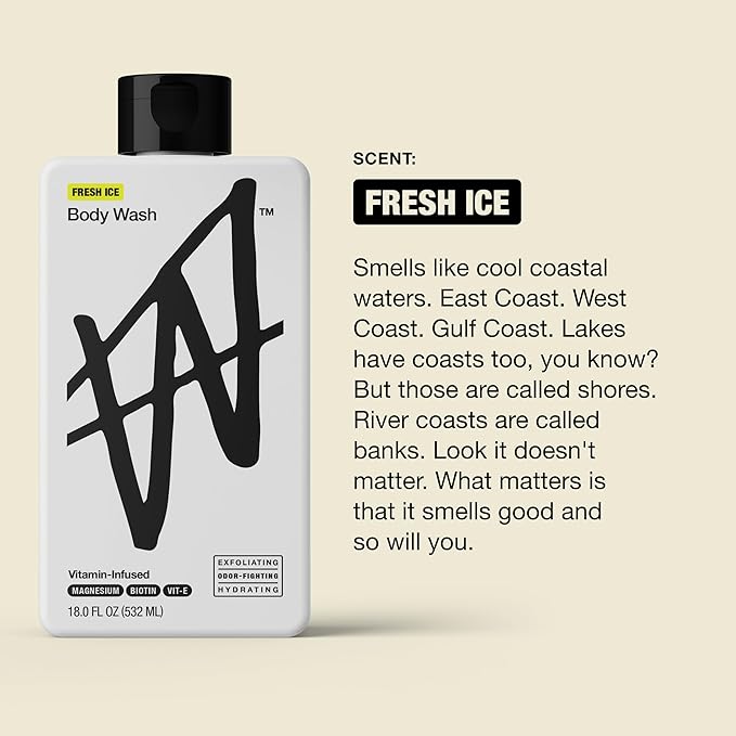 W By Jake Paul Body Wash for Men, Exfoliating Shower Gel with Jojoba Oil, Deep Clean Hydrating Mens Bodywash, Fresh Ice Scent, 18 fl oz