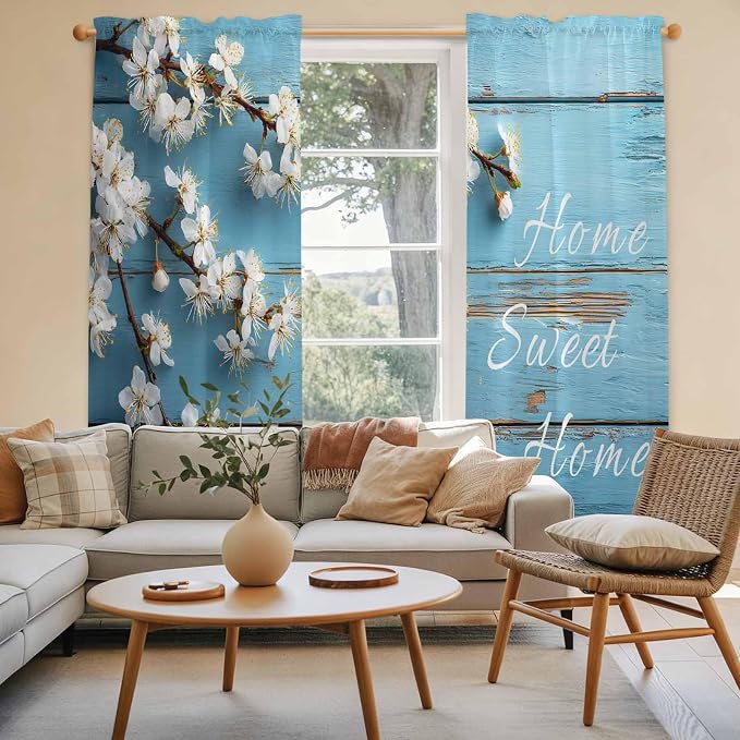 Farmhouse Wooden Grain Kitchen Curtains, Vintage Shabby Chic Flower Blue Light - Image 3