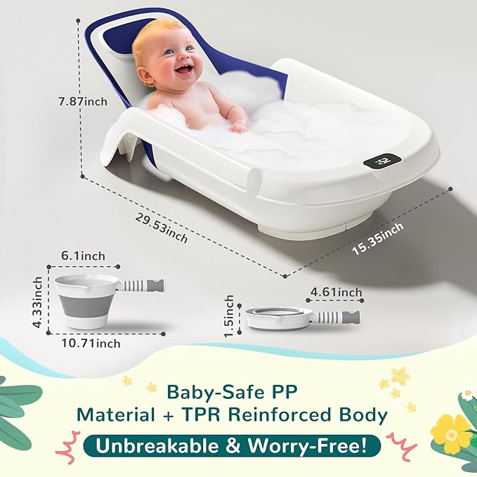Baby Bathtub,5-in-1 Reclining Baby Bathtub,Baby Bath Tub with Real-Time Thermometer, Adjustable Recline for Custom Comfort for Newborn to Toddler- Ages 9 to 36 Months,Portable Newborn Travel Bath tub