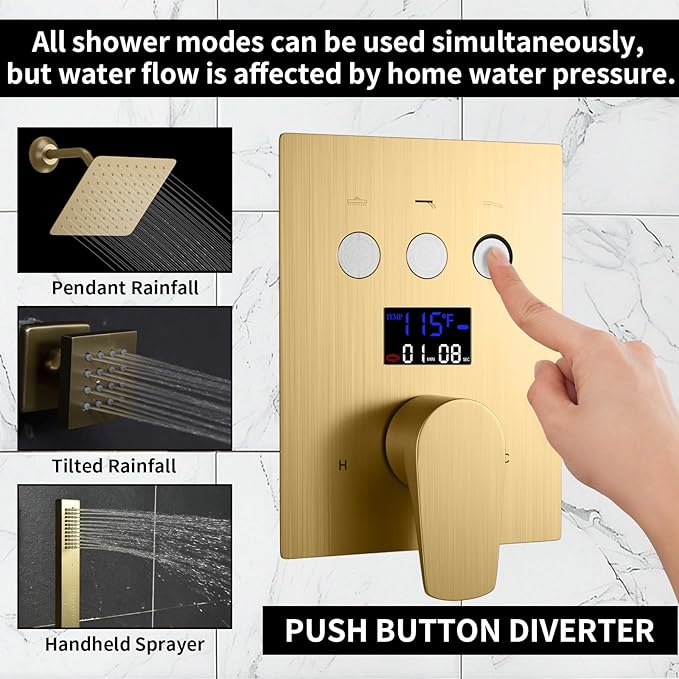 Bathroom Rainfall Shower System Wall Mount 8 Inch Shower Head With Handled Spray 6 Pcs jets Temperature Display Shower Faucet Set (Brushed Gold)