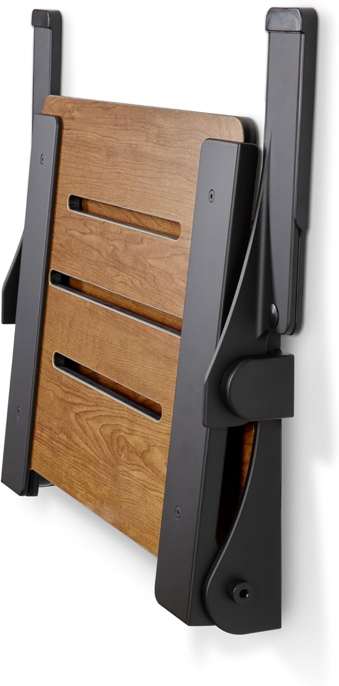 Seachrome Silhouette Comfort Folding Wall Mount Shower Bench Seat with Arms, Rustic Teak Seat with Matte Black Frame