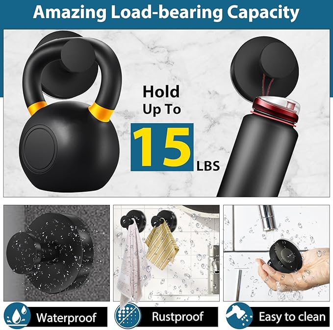 Suction Cup Hooks for Shower, 2 PCS No-Drill Towel Holder for Bathrooms Wall, Glass Door, Mirror, Tiles, Kitchen, Hold Robe & Wreath, Hanging up to 15 lbs – Waterproof & Rustproof, Matte-Black