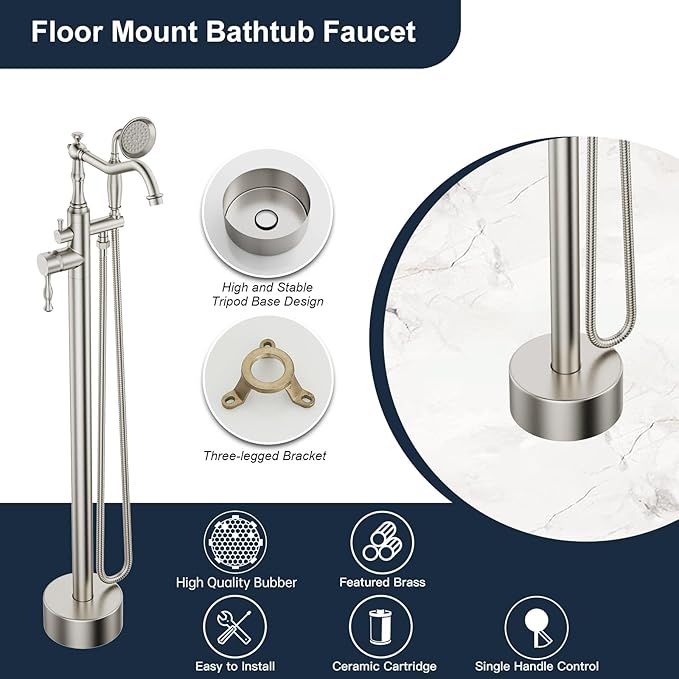 Brushed Nickel Bathtub Faucet Freestanding Tub Filler High Pressure Single Handle Bathtub Filler Floor Mounted Brass Bathroom Tub Faucets with Handheld Shower