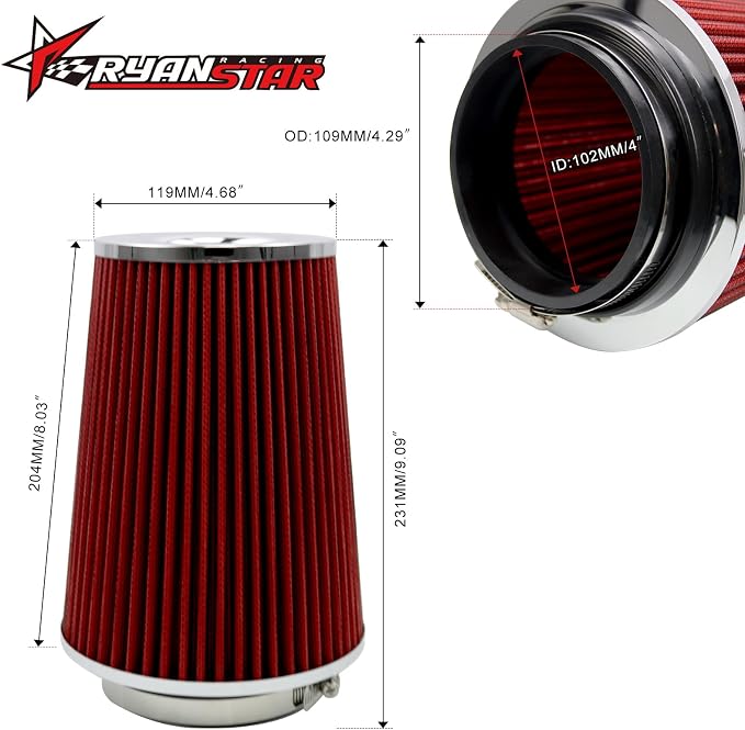 RYANSTAR RACING 102mm 4" High Flow Round Tapered Cone Cool Air Filter Cleaner - Image 2