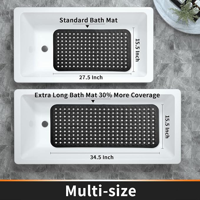 Yimobra Non Slip Bath Mat, Super Strong Suction Cups,34.5"x15.5"Long Tub Mat with Drain Holes, Machine Washable Fast Draining Shower Mats, Bathroom Essentials,Black