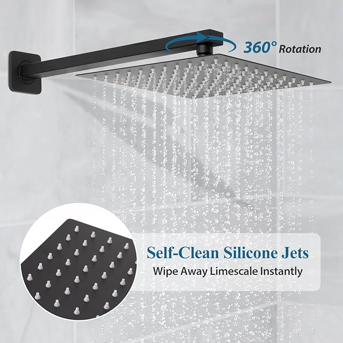 Matte Black Square Shower Head with Handheld Set, Rainfall Shower System Modern Wall Mounted Shower Faucet for Bathroom 12 inch (With Shower Valve)