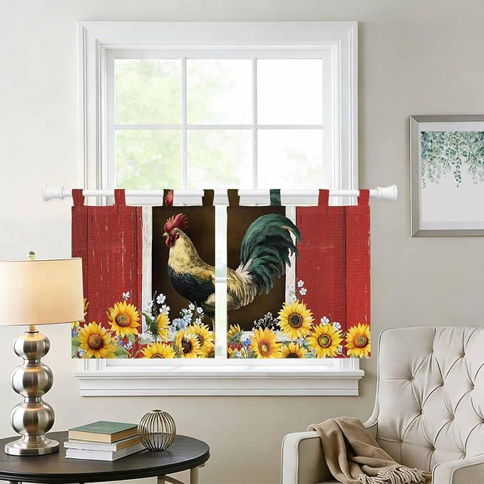 Chicken Sunflowers Kitchen Curtains 36 Inch Length, Small Window Curtains Tab - Image 2