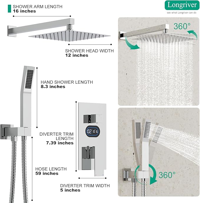 Shower Faucet Set with Hydro Power Temperature Display, Shower System Bathroom 12 Inches Shower Head with Handheld Spray, Wall Mounted Shower Fixtures with Shower Valve and Trim Kit, Polished Chrome