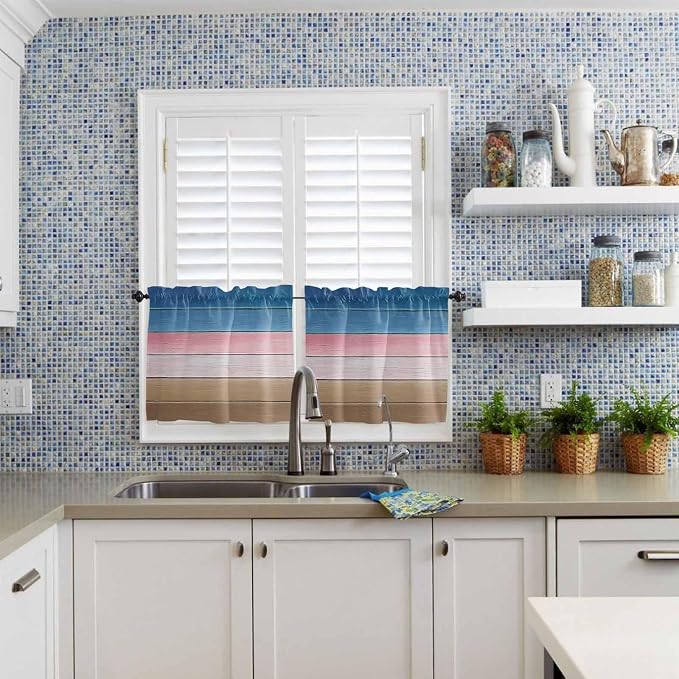 Blue Pink Brown Gradient Wood Grain Window Valance Curtains, Vintage Wood Board - Image 9