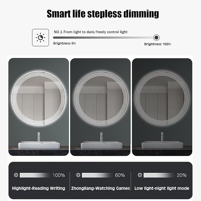 31.5 Inch LED Round Bathroom Mirror, Wall Mounted Multifunction Bathroom Vanity - Image 3