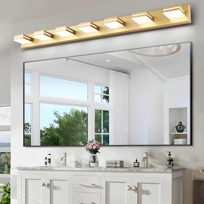 SineRise LED Modern Bathroom Vanity Light Fixtures (7-Light, 55-Inch, Dimmable), Gold Modern Acrylic Bathroom Wall Lighting Fixtures Over Mirror (Cool White 6000K)