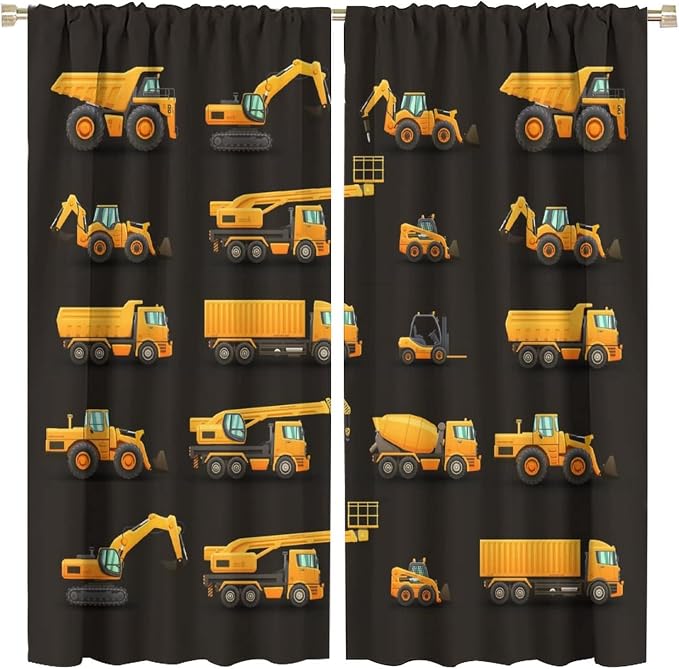 Kids Construction Window Curtains, Construction Machinery Equipment Mode of by SHElifestyle
