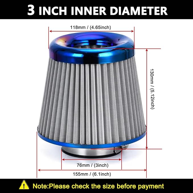 Cold Air Intake Filter, High Performance, Washable Filter, Clamp-On Replacement - Image 2