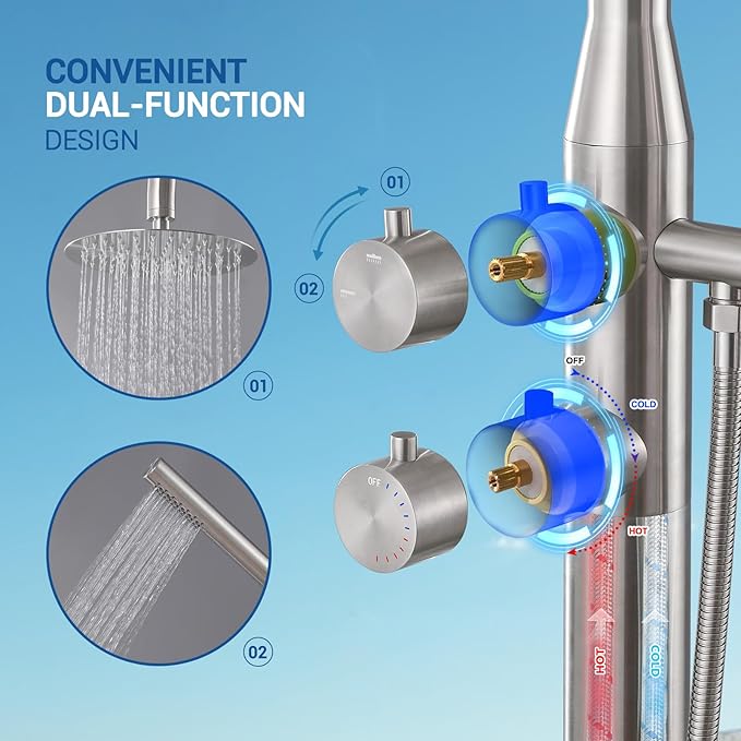 Freestanding Outdoor Shower Kit, 316 Marine Grade Stainless Steel Outside Shower System for Backyard, Pool, Beach, Outdoor Shower Fixtures with Rain Shower Head & Handheld, Brushed Nickel