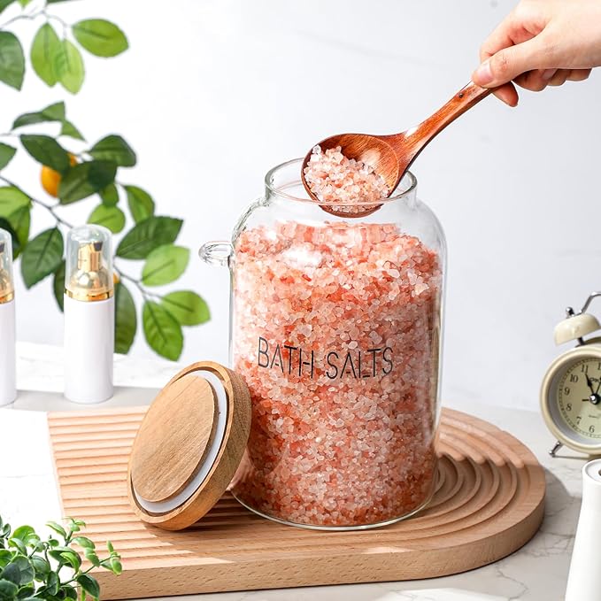 1 Piece 94 oz Bath Salts Glass Jar with Wooden Lid, Bath Salt Container with Scoop, Airtight Storage Bathtub Accessories for Women