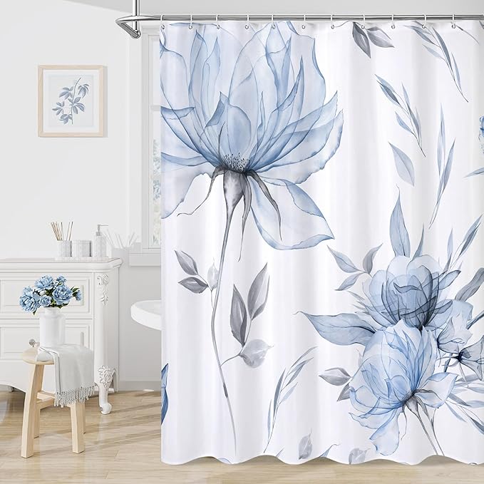 Extra Long Boho Watercolor Floral Shower Curtain 72 x 84, Blue and Grey Ink Painting Style Flower Shower Curtains for Chic Elegant Bathroom, Artistic XL Fabric Cloth Shower Curtain