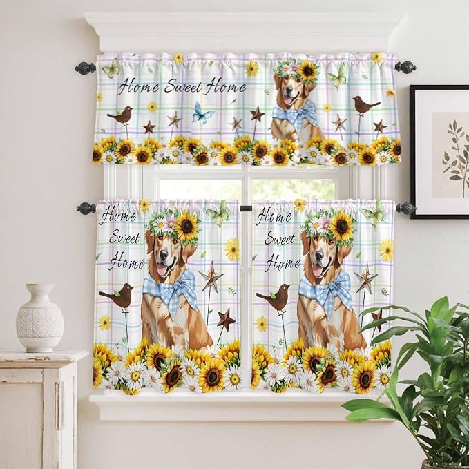 Kitchen Curtains Tiers and Valance Set of 3, Sunflowers Dog Light Filtering - Image 2