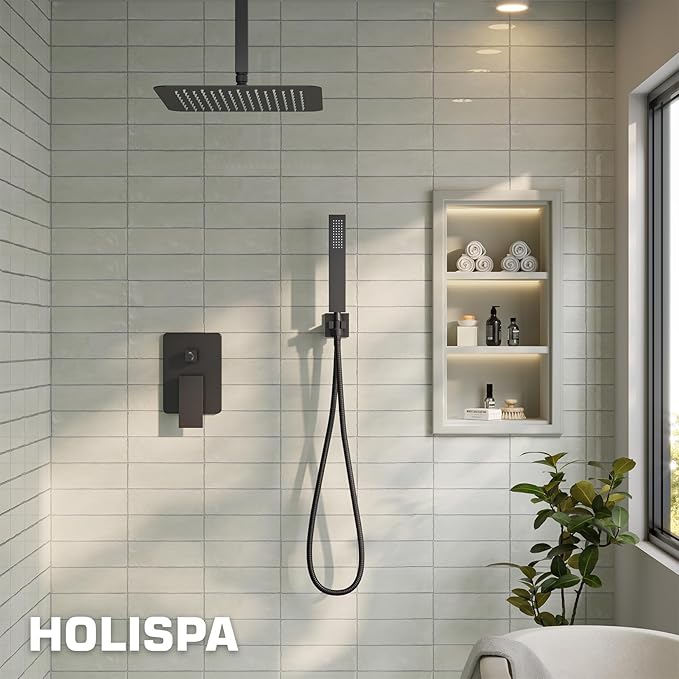 Ceiling Mount Shower Faucet Set, Black Shower System with 10-Inch Rain Showerhead and Handheld Spray Combo, High-Pressure Showerheads Set with Valve and Trim Kit, Matte Black