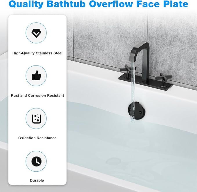 Tub Drain Overflow Cover Black- 3-1/8" Two Hole Bathtub Drain Overflow Cover with Screw Fits Most Standard Bath Tub Drains (Two Hole Bathtub Drains Cover)