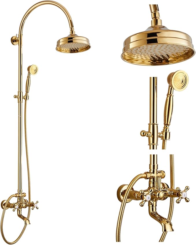 gotonovo Exposed Bathroom Shower System Classic Shower Kit 8 Inch Luxurious Rainfall Shower Head Handheld Spray Tub Filler Brass Pipe 3-Function Wall Mount Double Cross Knobs Polished Gold