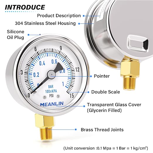 MEANLIN MEASURE 0~15Psi Dry Low Pressure Gauge Stainless Steel 1/" NPT 2" FACE - Image 4